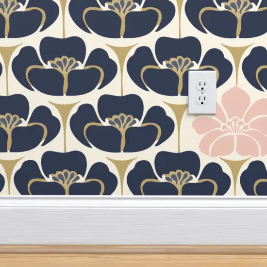 Peel & Stick Wallpaper 2FT Wide Flowers Art Deco 1920S Floral Navy Indigo Gold Blue Dress Fashion Pink Cream Custom Removable Wallpaper by Spoonflower {4}