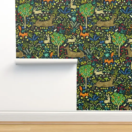 Peel & Stick Wallpaper 2FT Wide Medieval Animals Vintage Look Woodland Deer Fox Forest Wildflowers Custom Removable Wallpaper by Spoonflower {2}