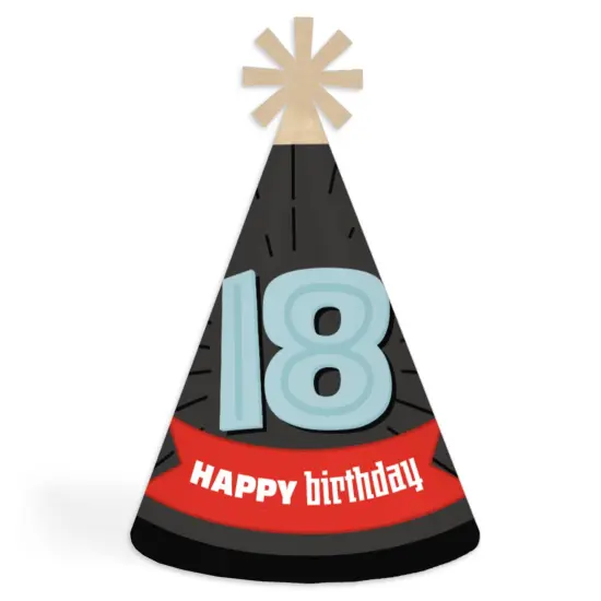 Big Dot of Happiness Boy 18th Birthday - Cone Happy Birthday Party Hats for Adults - Set of 8 (Standard Size) {1}