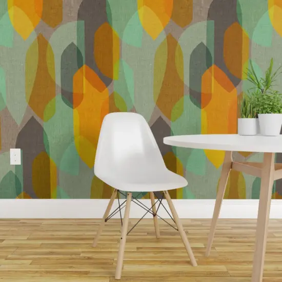 Peel & Stick Wallpaper 2FT Wide Mid Century Modern Retro 1950S Linen Look Earth Tones Abstract 1960S Vintage Inspired Custom Removable Wallpaper by Spoonflower {1}