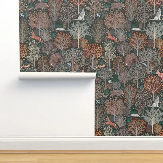 Pre-Pasted Wallpaper 2FT Wide Rustic Woodland Whimsical Forest Animals Deer Wolf Birds Trees Woods Nature Fall Autumn Leaves Custom Pre-pasted Wallpaper by Spoonflower {2}