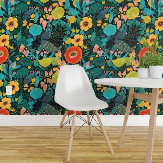 Peel & Stick Wallpaper 2FT Wide Mod Peacock Colorful Nature Floral Exotic Animal Boho Forest Modern Bird Custom Removable Wallpaper by Spoonflower {1}