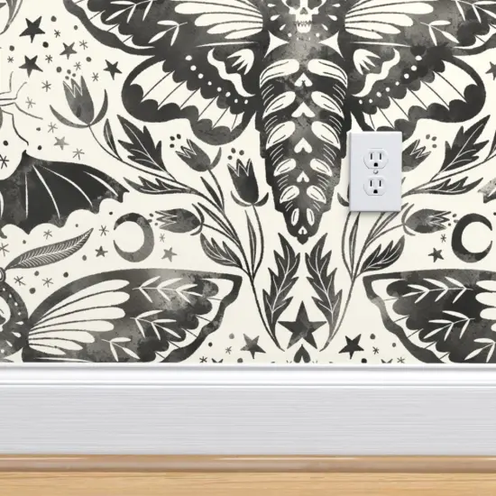 Pre-Pasted Wallpaper 2FT Wide Black And White Moth Bat Flower Stars Ink Watercolor Moon Ghosts October Gothic Halloween Custom Pre-pasted Wallpaper by Spoonflower {4}