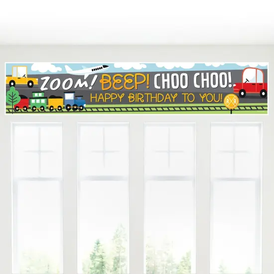 Big Dot of Happiness Cars, Trains, and Airplanes - Happy Birthday Transportation Decorations Party Banner {6}