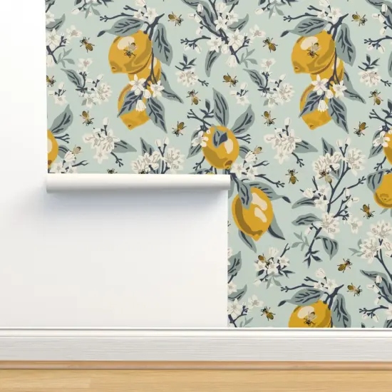 Peel & Stick Wallpaper 2FT Wide Mint Botanical Farmhouse Citrus Country Floral Rustic Modern Jumbo Scale Custom Removable Wallpaper by Spoonflower {2}