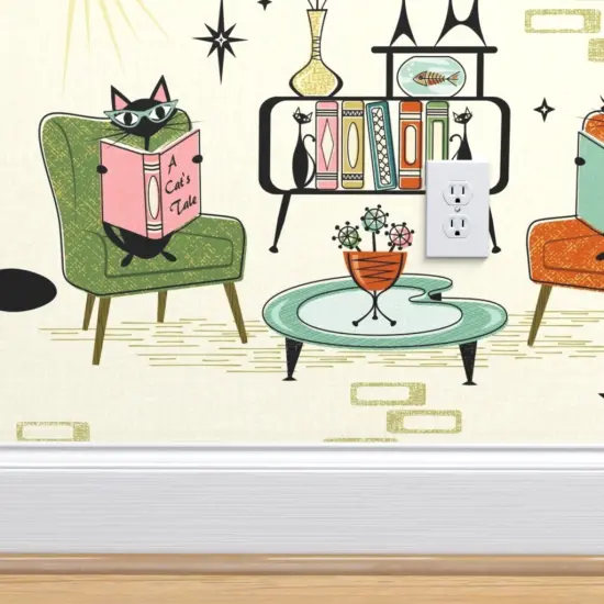 Pre-Pasted Wallpaper 2FT Wide Mid Century Modern Retro Cats 1950S Inspired Atomic Age Vintage Style Custom Pre-pasted Wallpaper by Spoonflower {4}