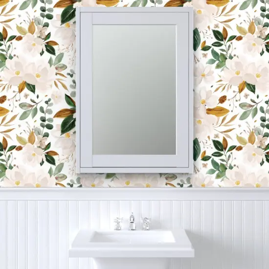 Pre-Pasted Wallpaper 2FT Wide Romantic Magnolia Oversized Flowers Watercolor Modern Feminine Cream Green Bronze Custom Pre-pasted Wallpaper by Spoonflower {6}
