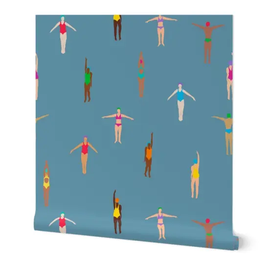 Peel & Stick Wallpaper 2FT Wide Swimmers Dusty Blue Water Holiday Sun Summer Tropical Custom Removable Wallpaper by Spoonflower {7}
