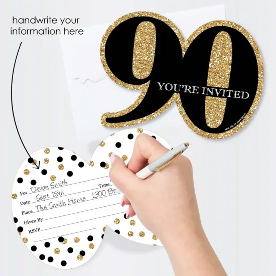 Big Dot of Happiness Adult 90th Birthday - Gold - Shaped Fill-in Invitations - Birthday Party Invitation Cards with Envelopes - Set of 12 {3}