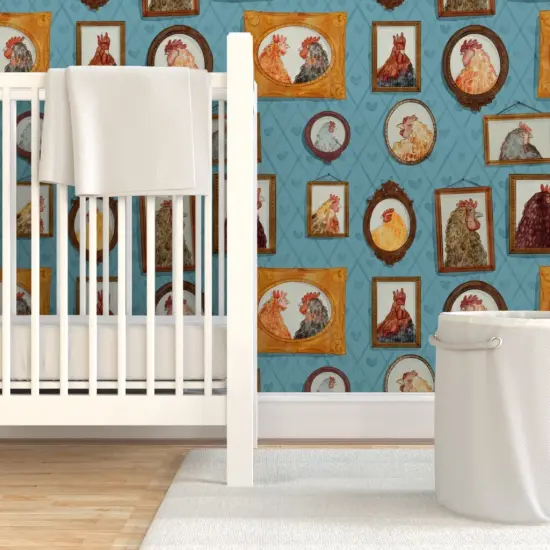 Pre-Pasted Wallpaper 2FT Wide Chickens,farm animals,Portraits,family,farmhouse,vintage inspired,rooster Custom Pre-pasted Wallpaper by Spoonflower {7}