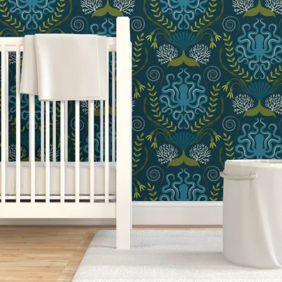 Pre-Pasted Wallpaper 2FT Wide Nautical Damask Victorian Style Botanical Blue Octopus Ocean Life Custom Pre-pasted Wallpaper by Spoonflower {3}