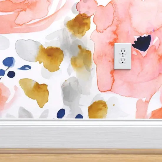 Pre-Pasted Wallpaper 2FT Wide Large Scale Floral Pink Coral Watercolor Bloom Peachy Girls Feminine Bright Custom Pre-pasted Wallpaper by Spoonflower {4}