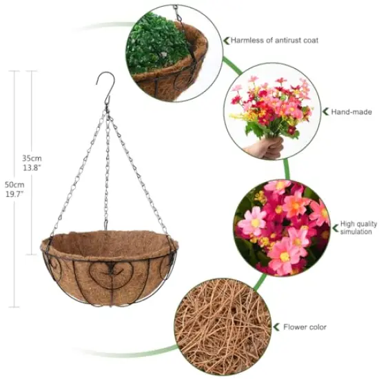 Artificial Hanging Flowers Basket,Fake Daisy Flowers,4 Branches Artificial Hanging Plants in 12 Inch Basket for Outdoor Garden Yard Pouch Patio Indoor Home Decoration (Pink) {4}