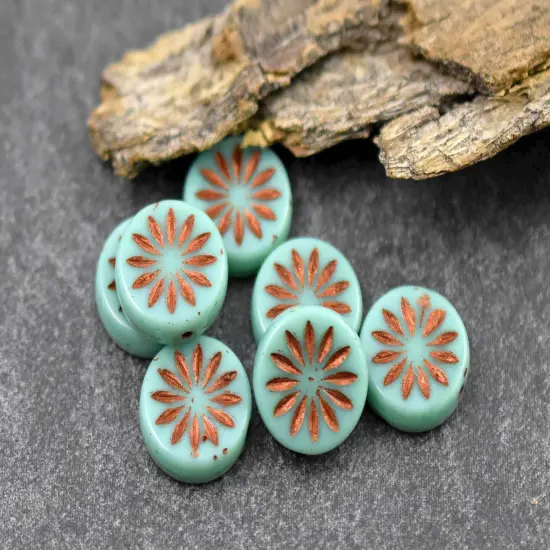 *15* 12mm Copper Washed Opaque Turquoise Aster Flower Coin Beads {2}