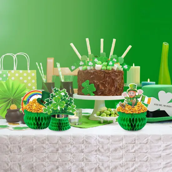 3 Pieces St Patrick Honeycomb Decoration, Cute Pot-O-Gold Centerpiece Shamrock Leprechaun Tissue Irish Clover Paper Table Topper for Saint Patrick Party Accessory 7.87-8.6 inch {3}