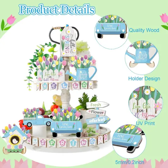 Hello Spring Tiered Tray Decor Tulips Table Wooden Sign Decorations Flower Market Tabletop Rustic Farmhouse Decor for Spring Holiday Party Home Kitchen (Tulip Style) {1}