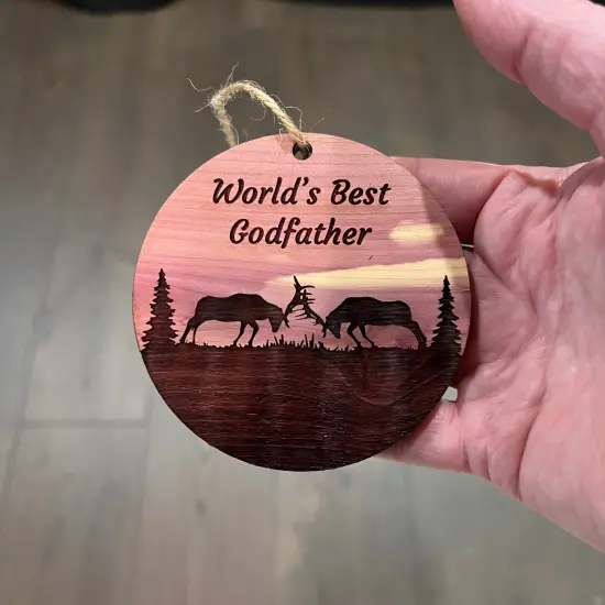 Worlds Best Godfather Elk Battle - Cedar Ornament {4}