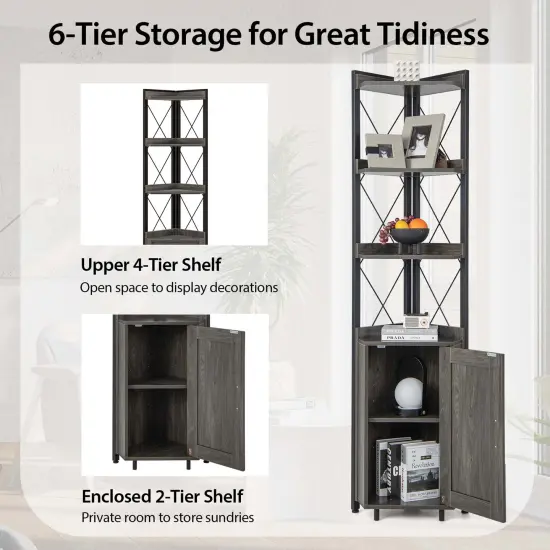 Costway 6-Tier Corner Bookshelf with 5-Level Adjustable Shelf & Anti-Tipping Kits Rustic Brown/Gray {6}