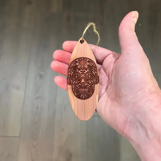 Sugar Skull Surfboard - Cedar Ornament {4}
