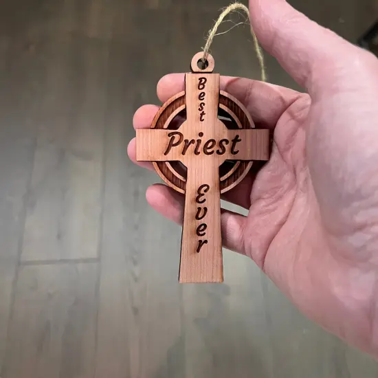 Best Priest Ever Celtic Cross - Cedar Ornament {4}