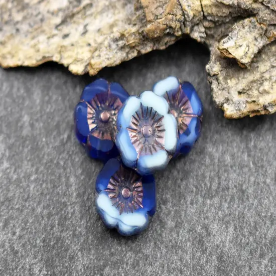 *11* 12mm Bronze Washed Blended Cobalt Turquoise Table Cut Hawaiian Flower Beads (LAST Pack) {1}