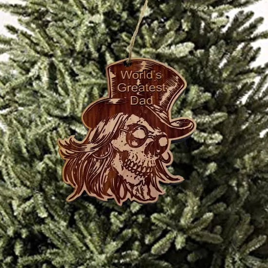 Worlds Best Dad with SKULL and HAT - Cedar Ornament {2}