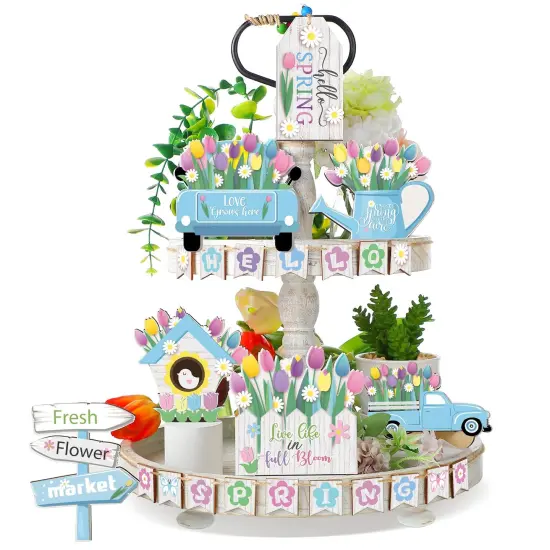 Hello Spring Tiered Tray Decor Tulips Table Wooden Sign Decorations Flower Market Tabletop Rustic Farmhouse Decor for Spring Holiday Party Home Kitchen (Tulip Style) {2}