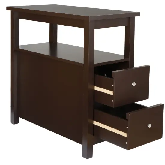 Brown End Table with 2 Drawer and Shelf Narrow for Living Room {1}
