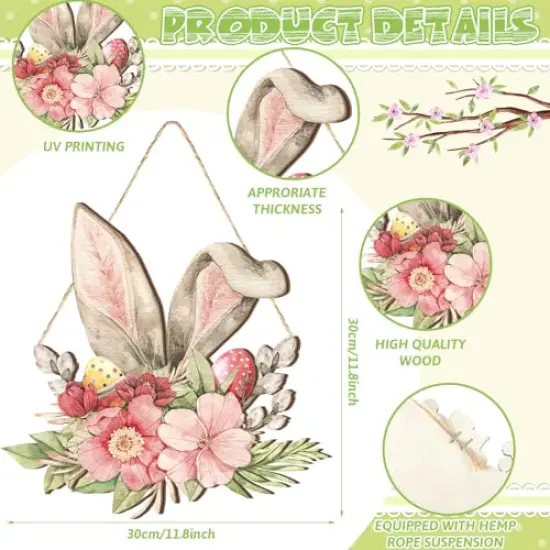 Juexica Easter Door Sign Bunny Ear Hanging Door Decor Easter Flower Wooden Sign Wall Hanging Decorations for Front Door Wood Porch Decor Wall Pediments {5}