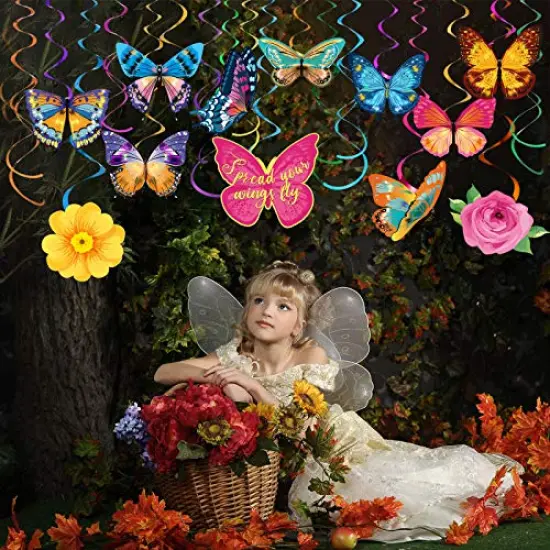 30 Pieces Butterfly Flowers Hanging Swirl Decorations Summer Butterfly Floral Baby Shower Foil Ceiling Streamers for Women Girl Kids Wedding Birthday Mother's Day 1st Birthday Party Supplies (Elegant) {4}