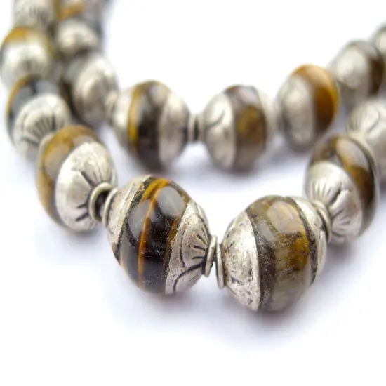 The Bead Chest Capped Tiger Eye with Silver Gemstone Beads, Full Strand of Round Nepalese Stone Beads, Great for DIY Jewelry Necklace & Bracelet Making {1}