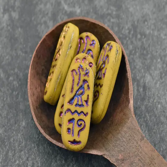 *6* 25x10mm Matte Mustard Rainbow Metallic Egyptian Cartouche Oval Beads {1}