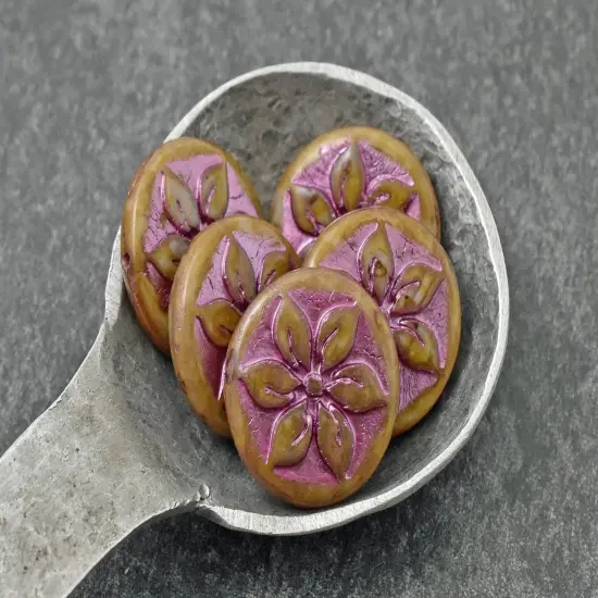 *6* 18mm Metallic Pink Washed Alabaster Picasso Floral Coin Beads {2}