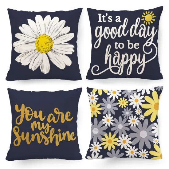 Decorative Dark Blue Pillow Covers 16x16 Inch Set of 4, Spring Summer Decorations for Home Sunflower Decor Pillows Blue Pillow Covers for Couch Sofa Indoor Outdoor Spring Summer Decor {2}