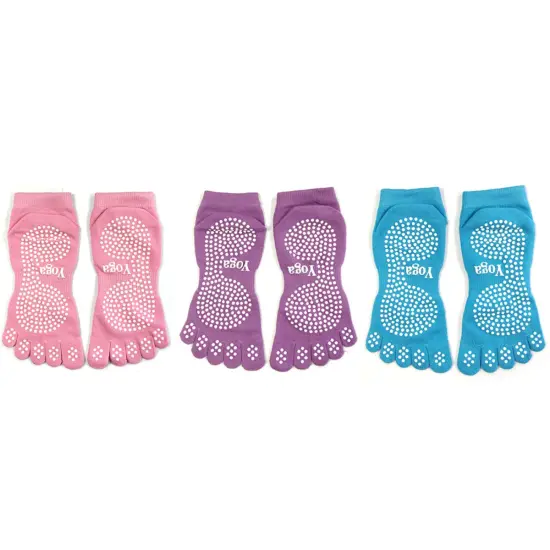 Wrapables Full Toe Yoga Pilates Socks with Grips, Set of 3, Pink/Purple/Blue {1}