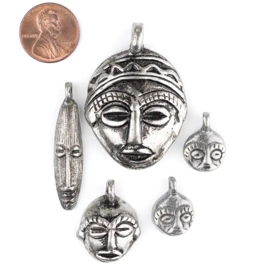 The Bead Chest 5 Pendant Bundle: African Silver Masks: Genuine West African Mask Design for DIY Jewelry & Necklaces {2}