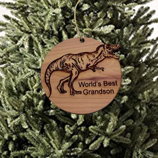 TRex Dinosaur Worlds Best Grandson - Cedar Ornament {3}