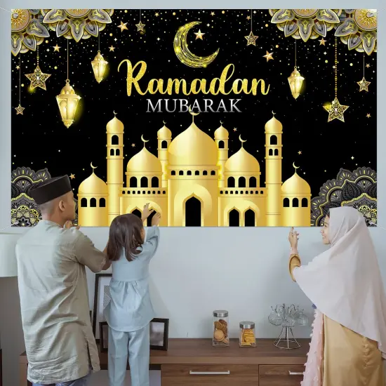 Backdrop Banner Muslim Kareem Background Eid Sign Photo Booth for Home Al Fitr Party Supplies (Black) {6}