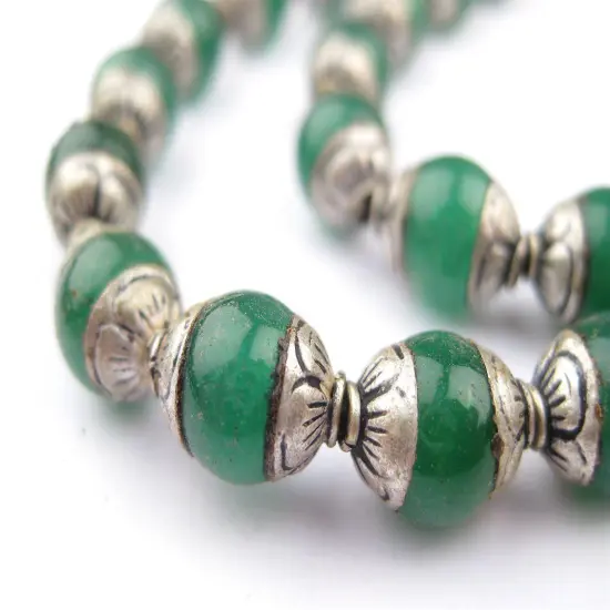 The Bead Chest Capped Jade with Silver Gemstone Beads, Full Strand of Round Nepalese Stone Beads, Great for DIY Jewelry Necklace & Bracelet Making {1}