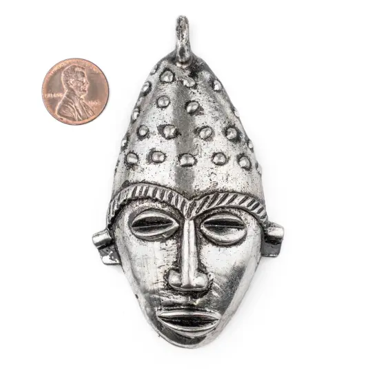 The Bead Chest Elongated African Silver Mask Pendant (50x90mm): Genuine West African Mask Design for DIY Jewelry & Necklaces {2}