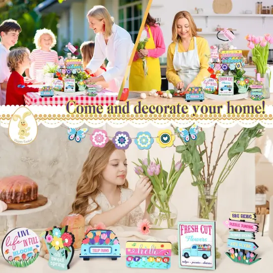 14 PCS Hello Spring Tiered Tray Easter Decorations Fresh Flower Market Wooden Sign Farmhouse Rustic Wood Mini Tiered Tray for Spring Home Decor {4}