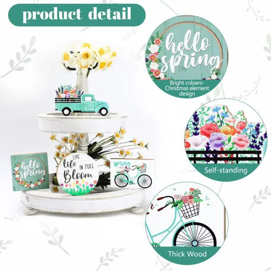 4 Pieces Easter Tiered Tray Decorations Hello Spring Decorations for Home Happy Easter Sign Bunny Farm Fresh Truck Wooden Centerpiece Table Signs for Indoor Home Kitchen Decor(Car Style) {1}
