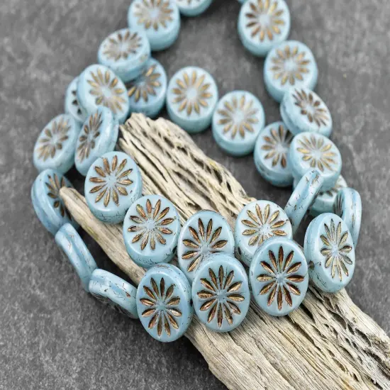 *15* 12mm Dark Bronze Washed Sky Blue Silk Aster Flower Coin Beads {2}