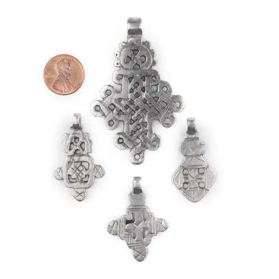 The Bead Chest 4 Pack: Ethiopian Silver Coptic Cross Pendants African White Metal Large Hole Handmade {2}