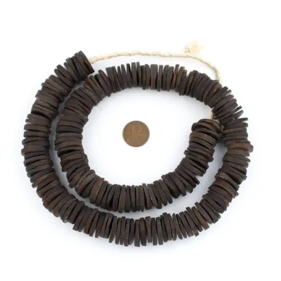 The Bead Chest Dark Brown Coconut Bone Heishi Beads 18mm Kenya African 26 Inch Strand Handmade {2}