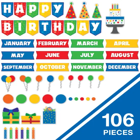 Carson Dellosa 106 pc Bundle of Birthday Decorations, Calendar Monthly Headers, Hats, Presents, Candles, Cake, and Balloon Cutouts for Party, Classroom, Bulletin Board, and Wall Decor {2}