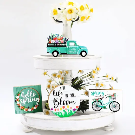 4 Pieces Easter Tiered Tray Decorations Hello Spring Decorations for Home Happy Easter Sign Bunny Farm Fresh Truck Wooden Centerpiece Table Signs for Indoor Home Kitchen Decor(Car Style) {2}