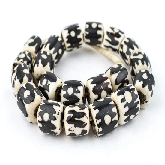The Bead Chest Batik Bone Beads - Full Strand of Fair Trade African Beads (Barrel, Doodle Design) {1}