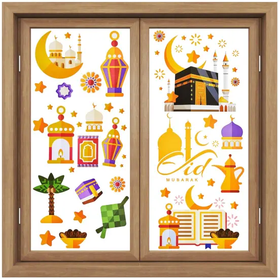 80 PCS Ramadan Window Clings Eid Mubarak Window Stickers Static Ramadan Kareem Window Decals Removable Window Cling Decorations for Ramadan Mubarak Party Classroom Supply, 9 Sheets {2}
