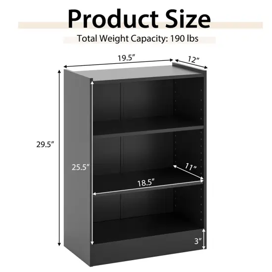 Costway 3-Tier Bookcase Open Multipurpose Display Rack Cabinet with Adjustable Shelves Black/Brown {3}